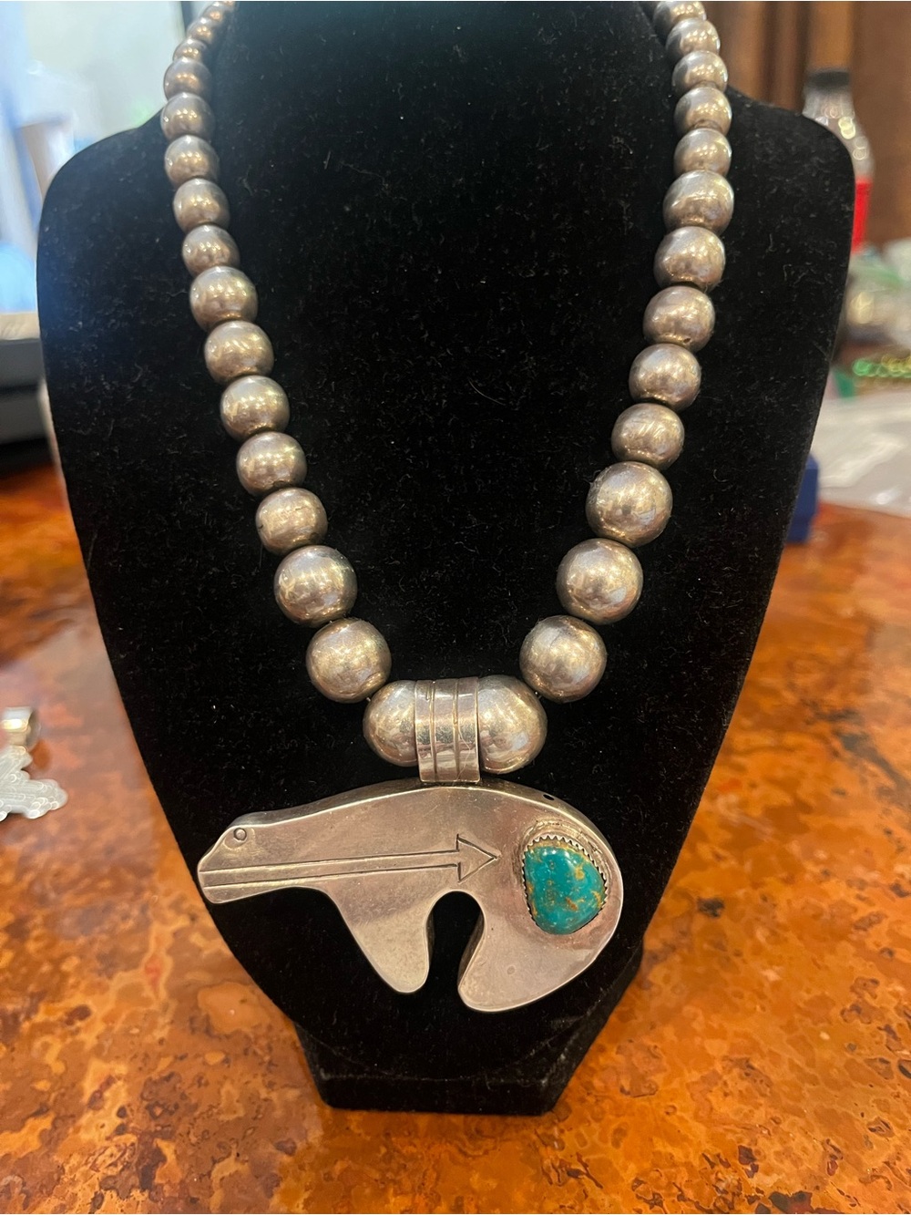 BIG Sterling Silver Bear Pendant Necklace with Turquoise Accent